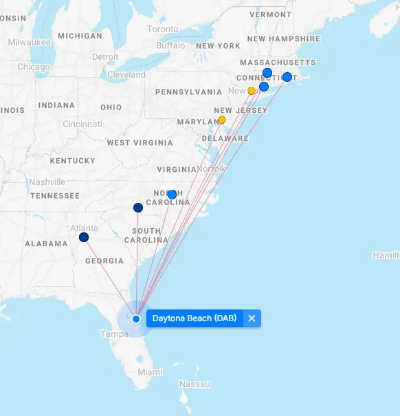 Map of Daytona Beach International Airport (DAB) 5 Daytona Beach International Airport destination map