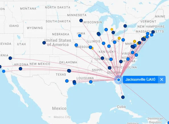 Map of Jacksonville International Airport (JAX) 5 Jacksonville International Airport destination map