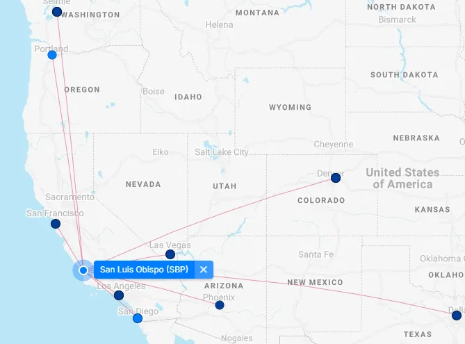 Map of San Luis Obispo County Regional Airport (SBP) 5 San Luis Obispo Airport destination map