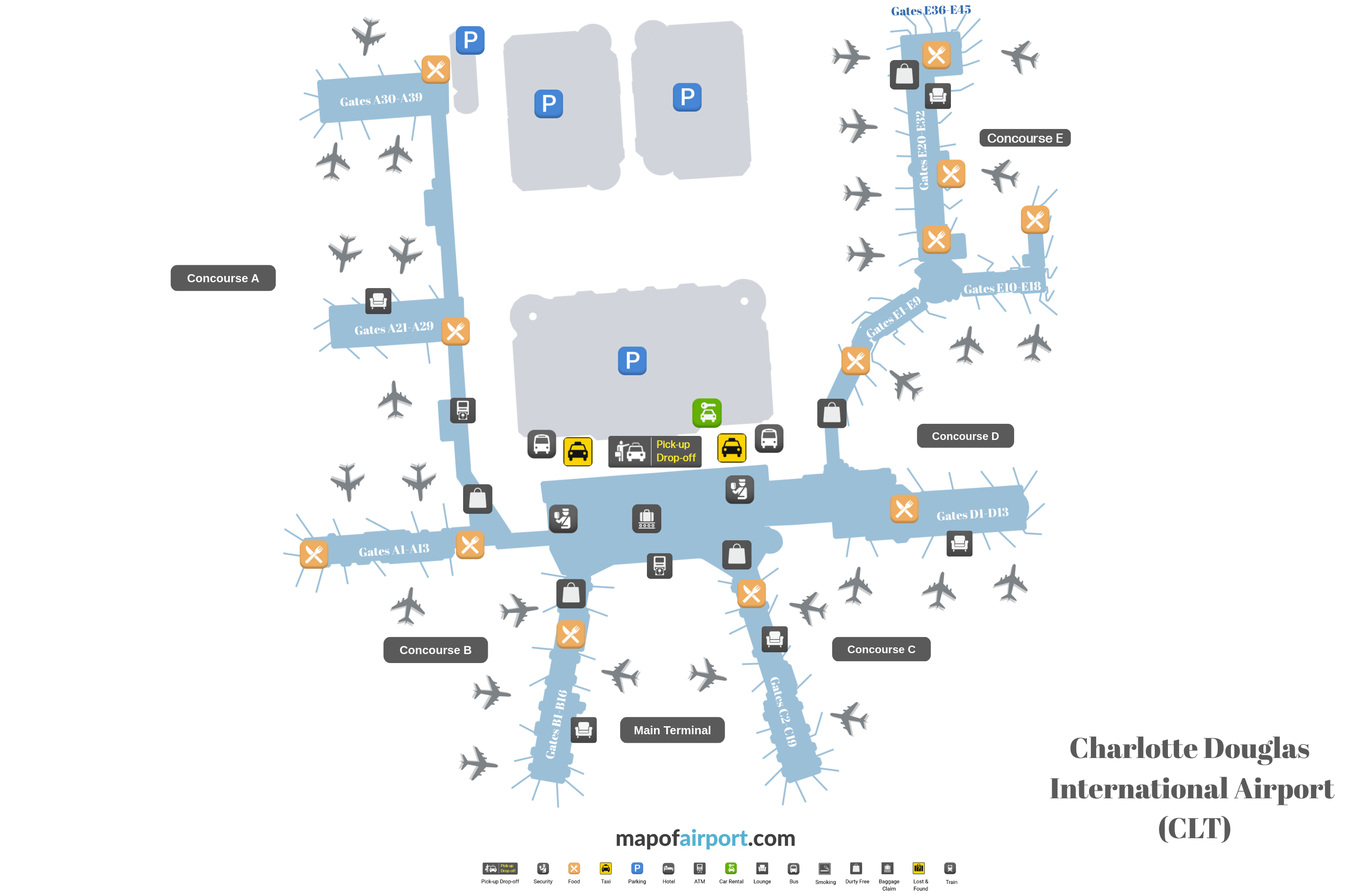 Map of Charlotte Douglas Airport (CLT)